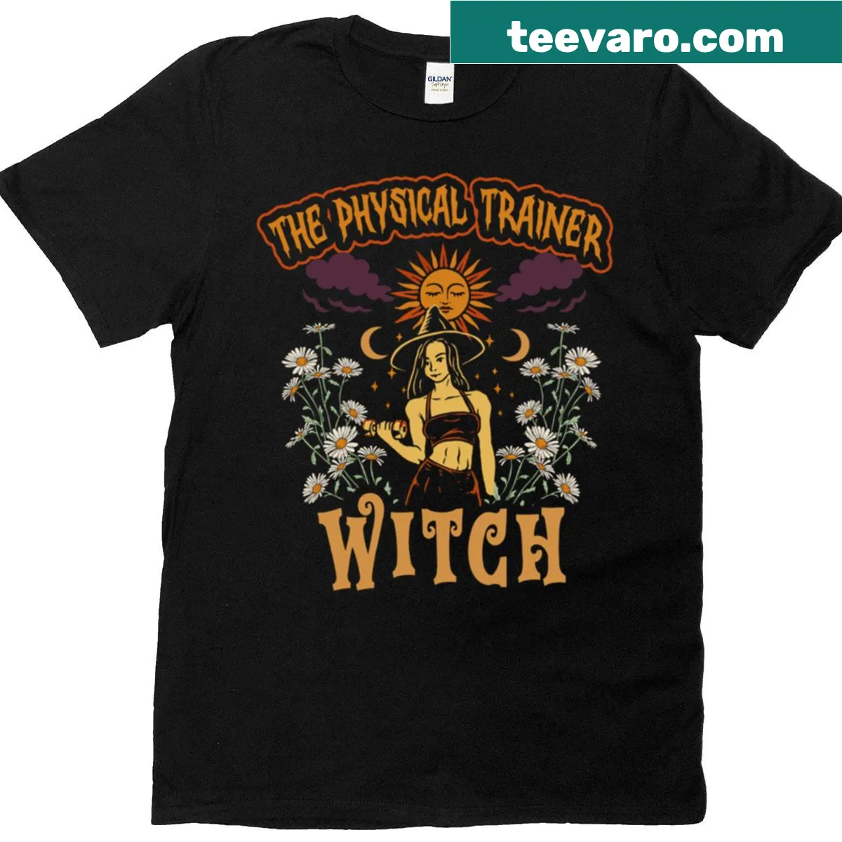 Oversized Halloween T-shirt featuring a witch engaged in fitness activities — on a men's t-shirt