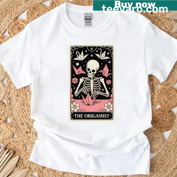 Oversized t-shirt featuring an origami-style skeleton tarot card design.