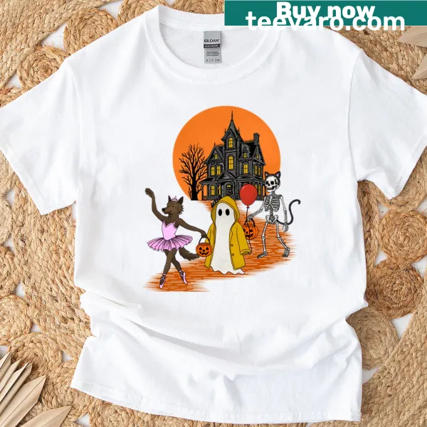 Cartoon graphic of trick-or-treaters on oversized t-shirt