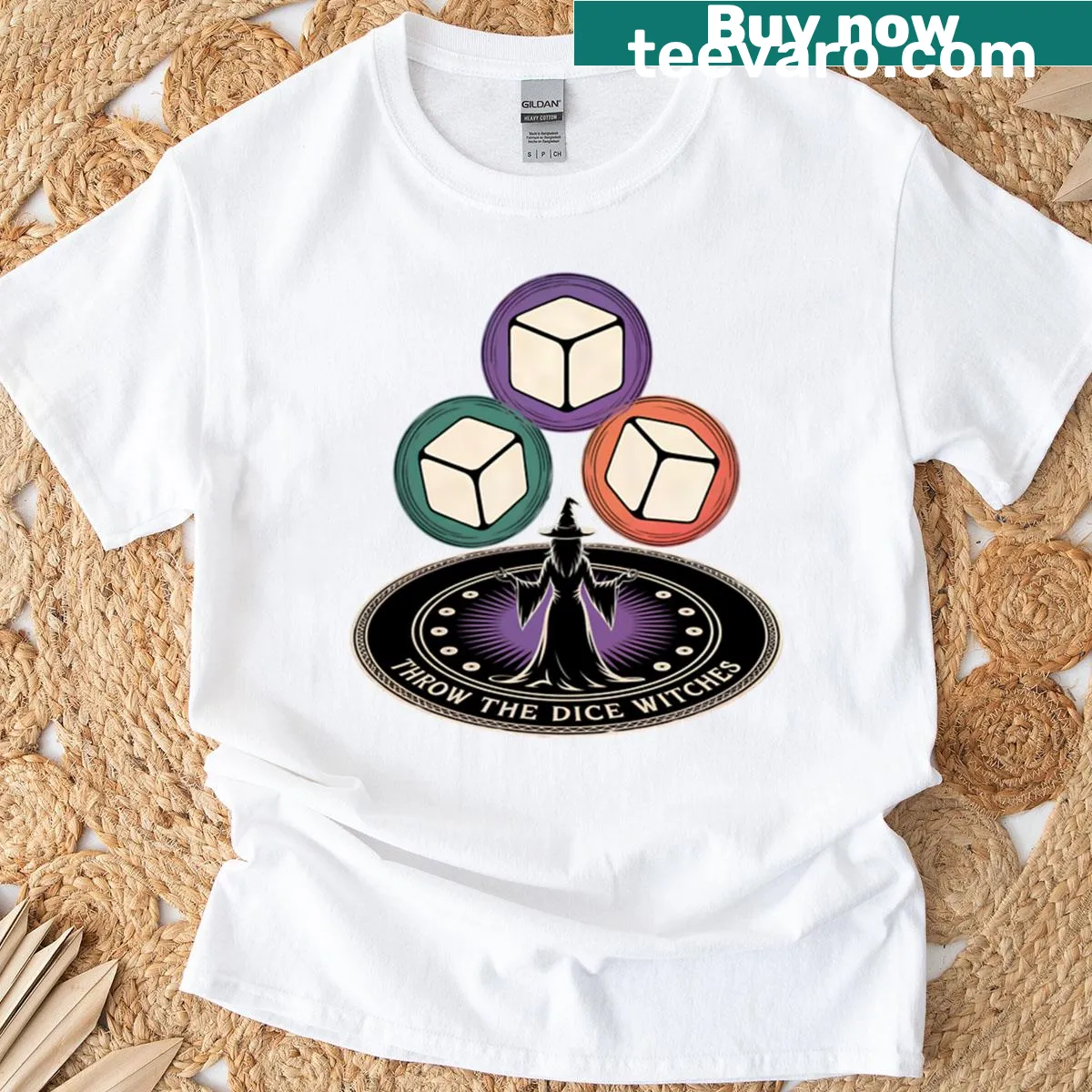 Funny Halloween T-shirt with the phrase 'Throw The Dice Witches' — on a men's t-shirt