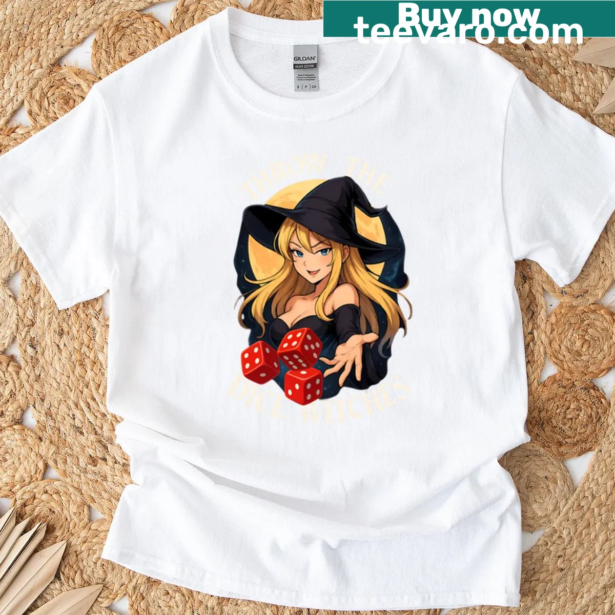 Whimsical Halloween shirt featuring witches and dice for bunco games — on a men's t-shirt