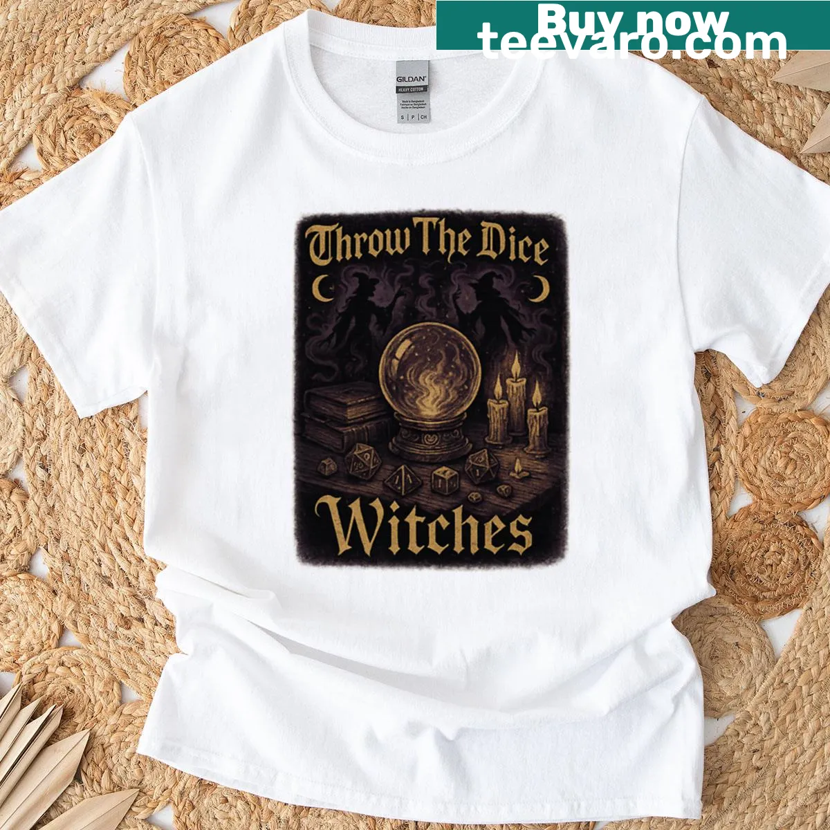 Oversized T-shirt with the phrase 'Throw The Dice' for witches. — on a men's t-shirt
