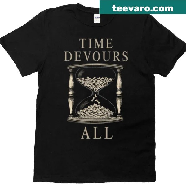 Gothic T-shirt featuring an hourglass filled with bones for Halloween.