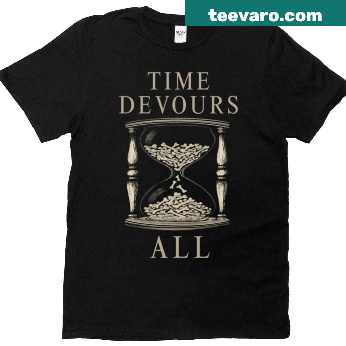 Gothic T-shirt featuring an hourglass filled with bones for Halloween. — on a men's t-shirt