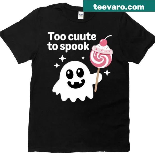 Adorable t-shirt with 'Too Cute To Spook' and charming Halloween graphics.
