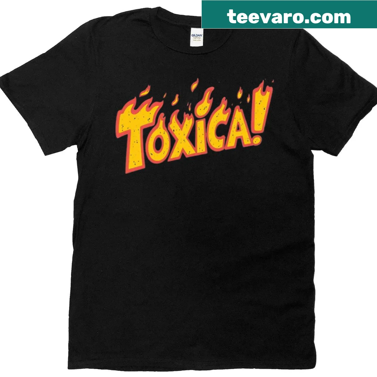 Flaming typography design with the word 'Toxica' prominently displayed — on a men's t-shirt