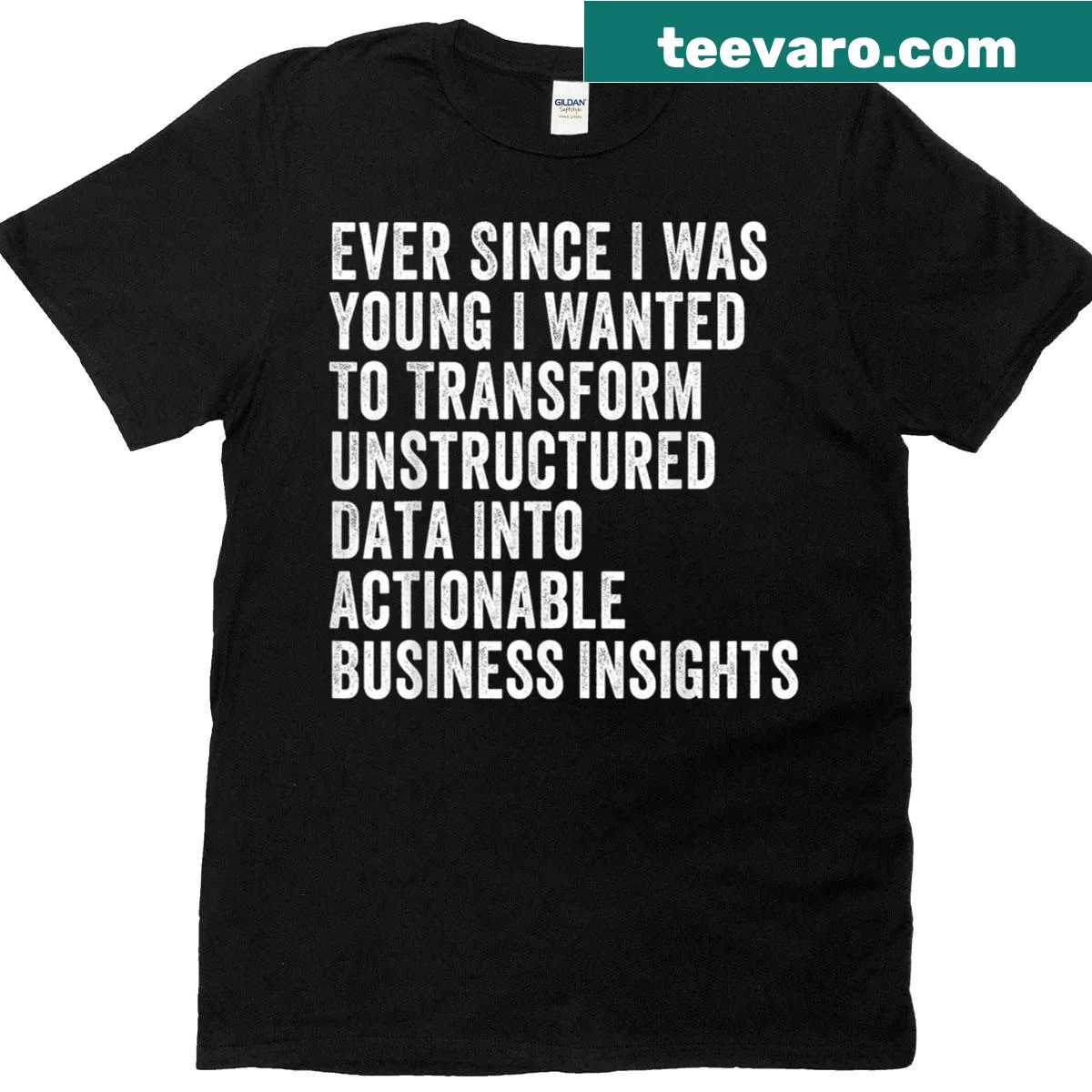 Graphic T-shirt with text about transforming unstructured data into actionable insights. — on a men's t-shirt