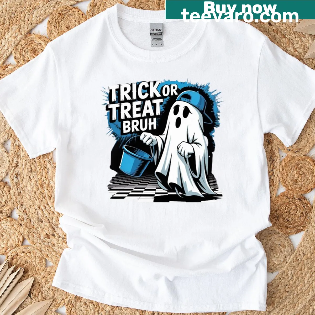 Funny cartoon ghost graphic with playful Halloween text — on a men's t-shirt