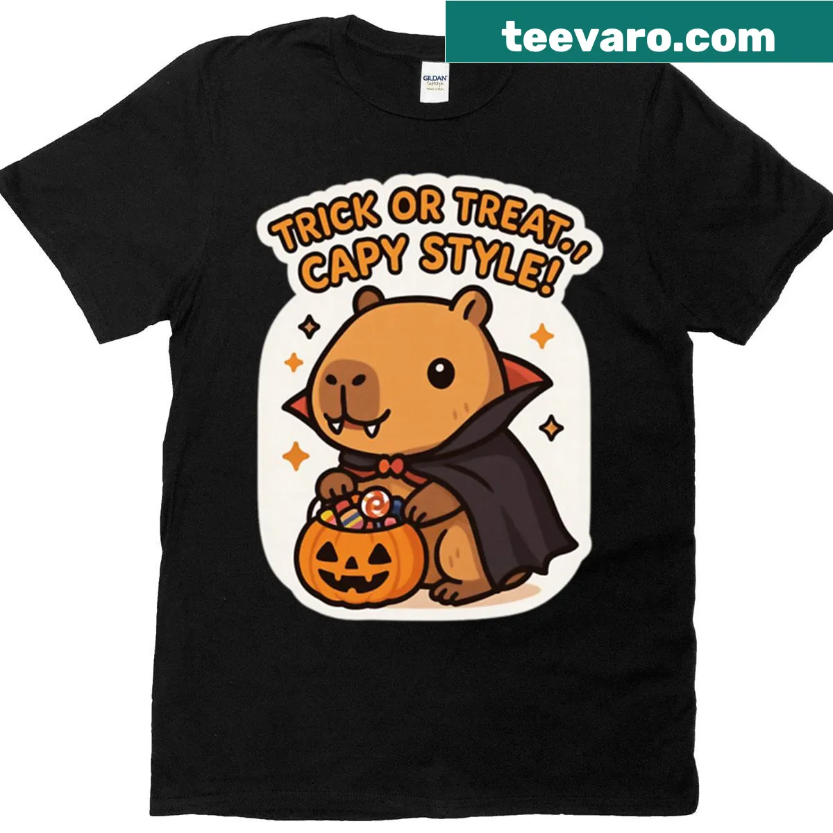 Cute Halloween t-shirt featuring a vampire capybara design — on a men's t-shirt
