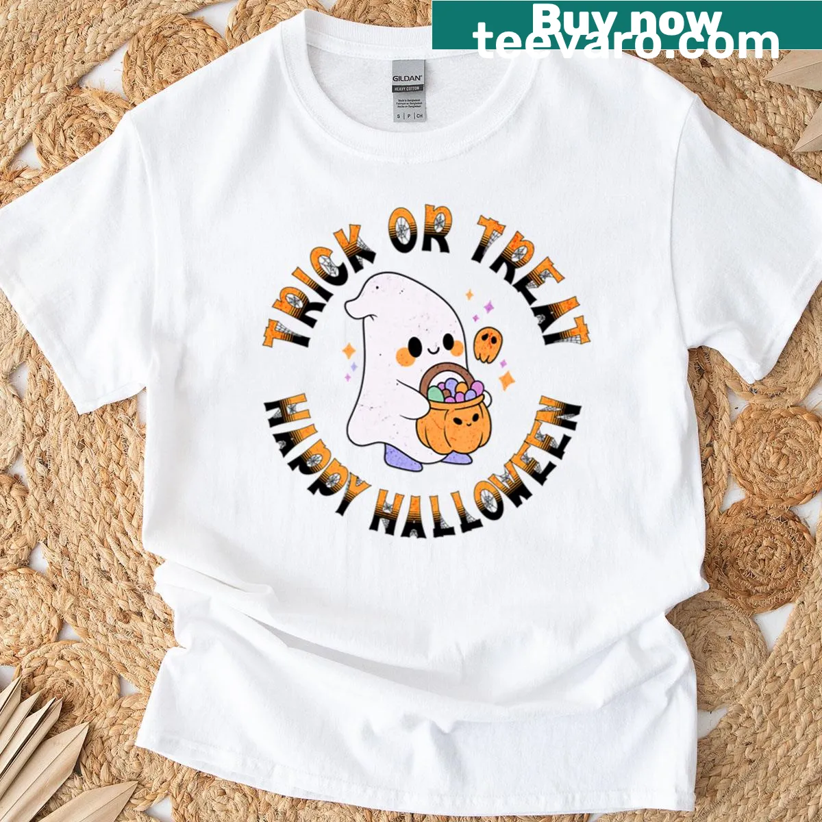 Playful 'Trick-or-treat' design on a cheerful Halloween t-shirt — on a men's t-shirt