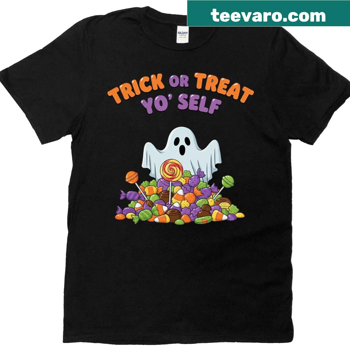 Playful Halloween shirt with the phrase Trick Or Treat Yo Self — on a men's t-shirt