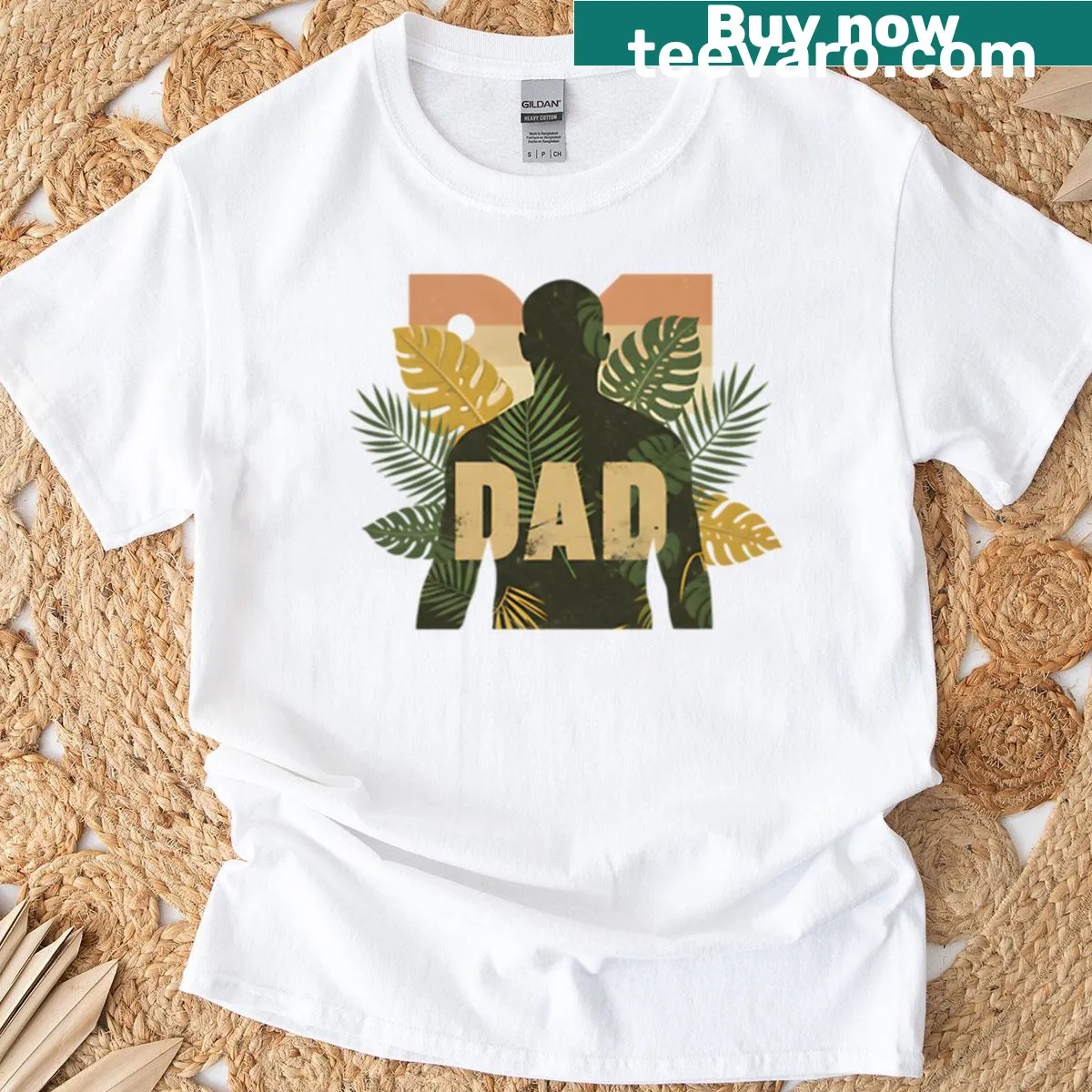 T-shirt with a silhouette of a dad in a tropical nature setting. — on a men's t-shirt