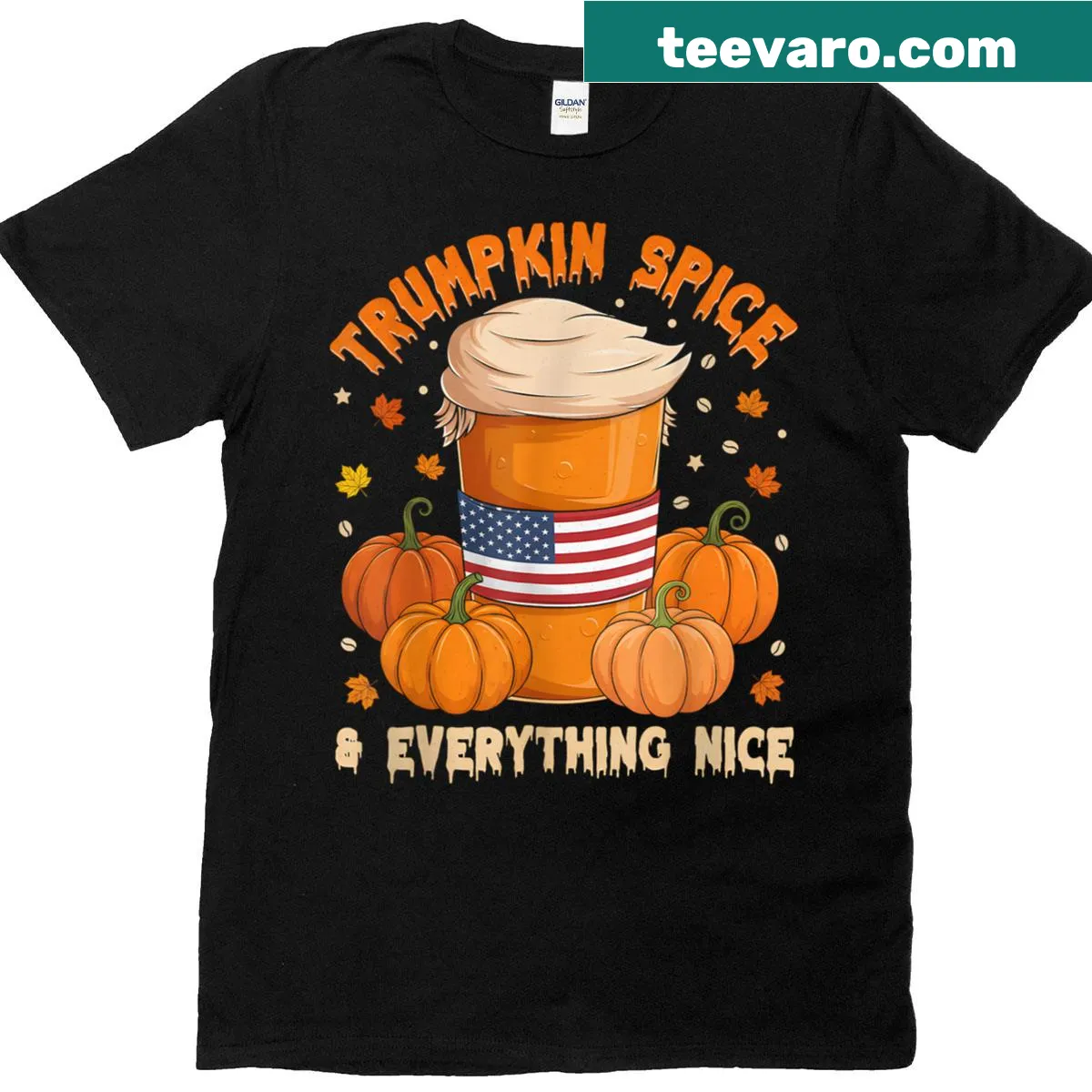 Funny Thanksgiving T-shirt with pumpkin and coffee design — on a men's t-shirt