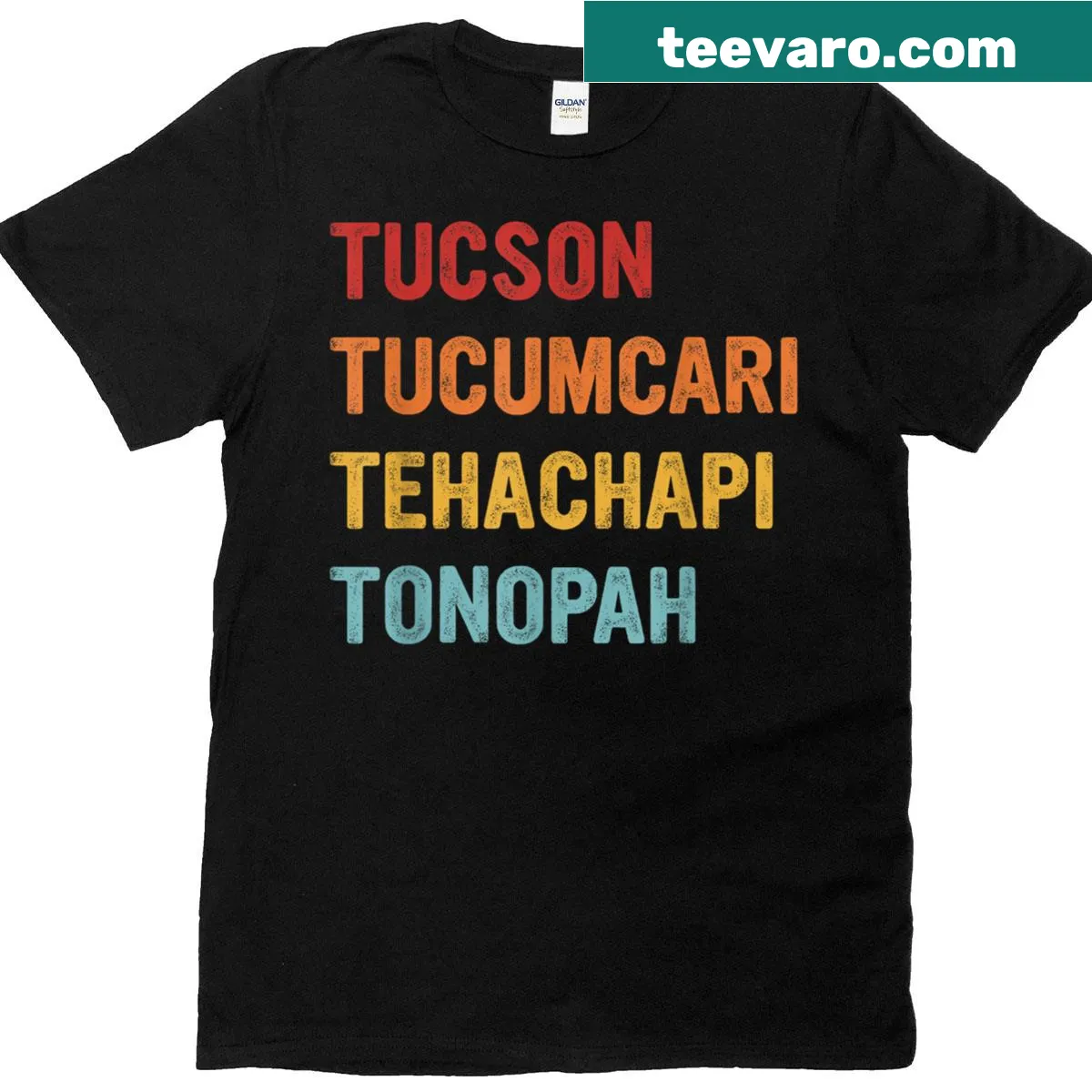 Retro travel t-shirt featuring Tucson, Tucumcari, Tehachapi, and Tonopah names — on a men's t-shirt