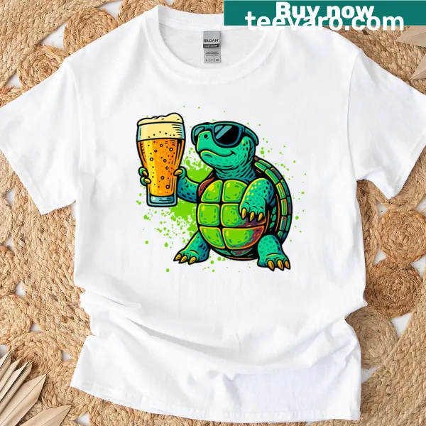 Illustration of a turtle drinking beer on a T-shirt