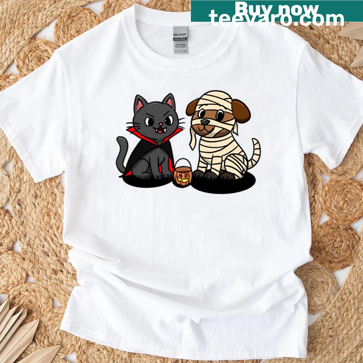 Cute Halloween design with a vampire cat and mummy dog — on a men's t-shirt