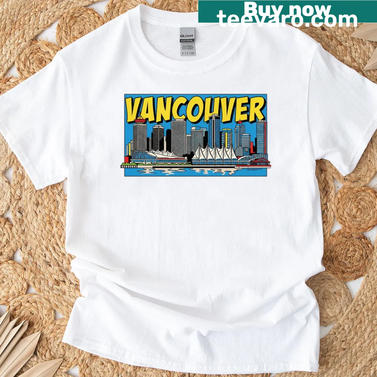 Comic style graphic representing Vancouver's landmarks — on a men's t-shirt