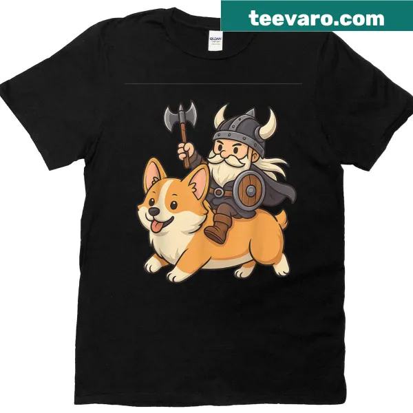 Illustration of a Viking riding a corgi dog on a t-shirt