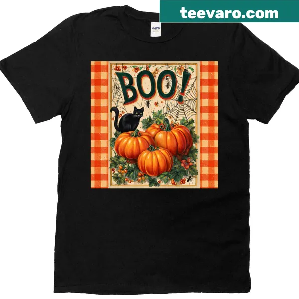 Vintage-style Halloween shirt with playful Boo text