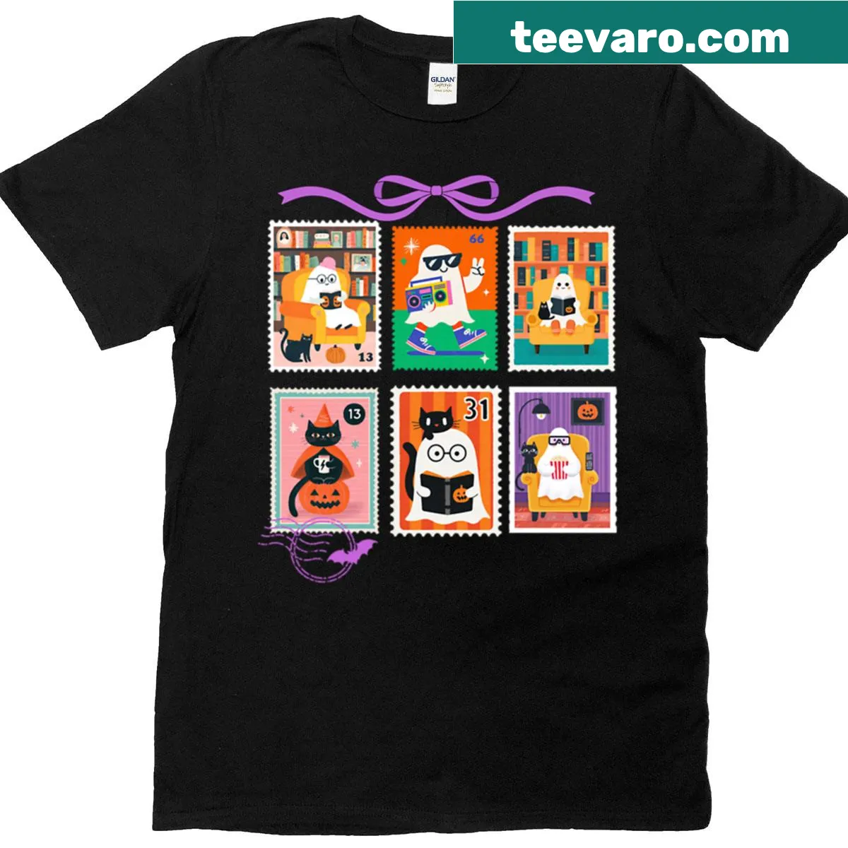 Vintage postage stamp design T-shirt featuring a cute ghost for Halloween — on a men's t-shirt