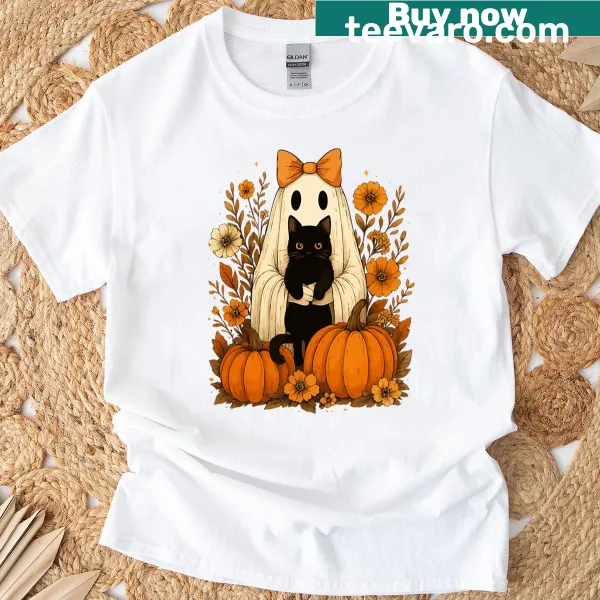 Whimsical ghost with black cat and floral elements Halloween t-shirt
