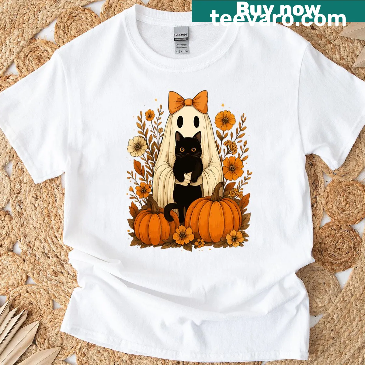 Whimsical ghost with black cat and floral elements Halloween t-shirt — on a men's t-shirt