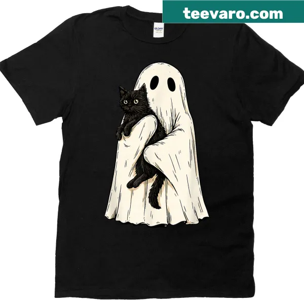 Vintage Halloween T-shirt with ghost and black cat illustration