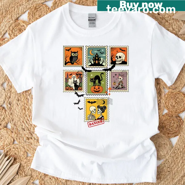 Vintage t-shirt featuring Halloween postage stamp designs