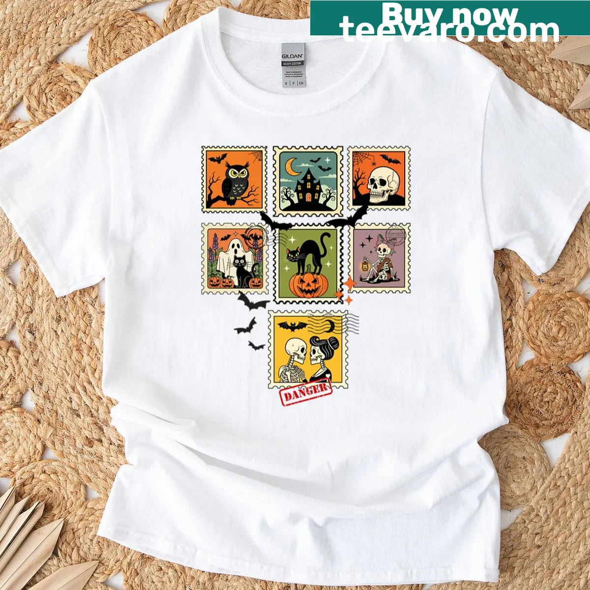 Vintage t-shirt featuring Halloween postage stamp designs — on a men's t-shirt