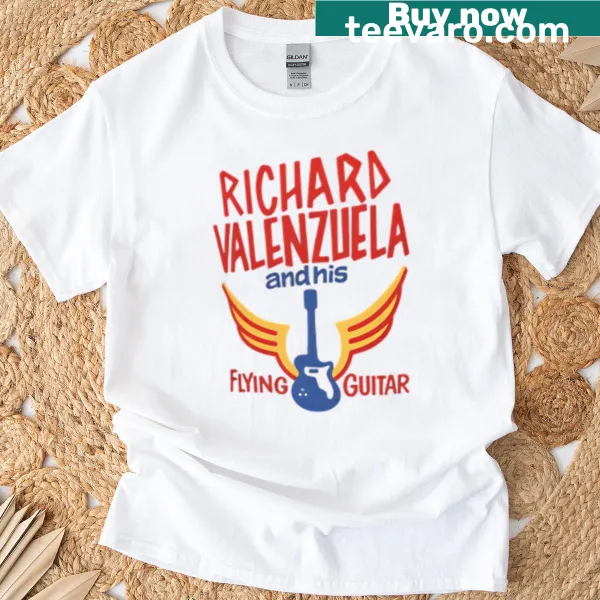 Vintage-style ringer t-shirt featuring Richard Valenzuela flying guitar design