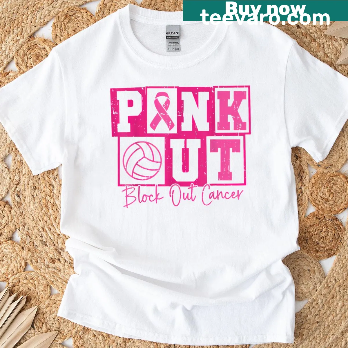 Volleyball shirt with 'Block Out Cancer' text — on a men's t-shirt