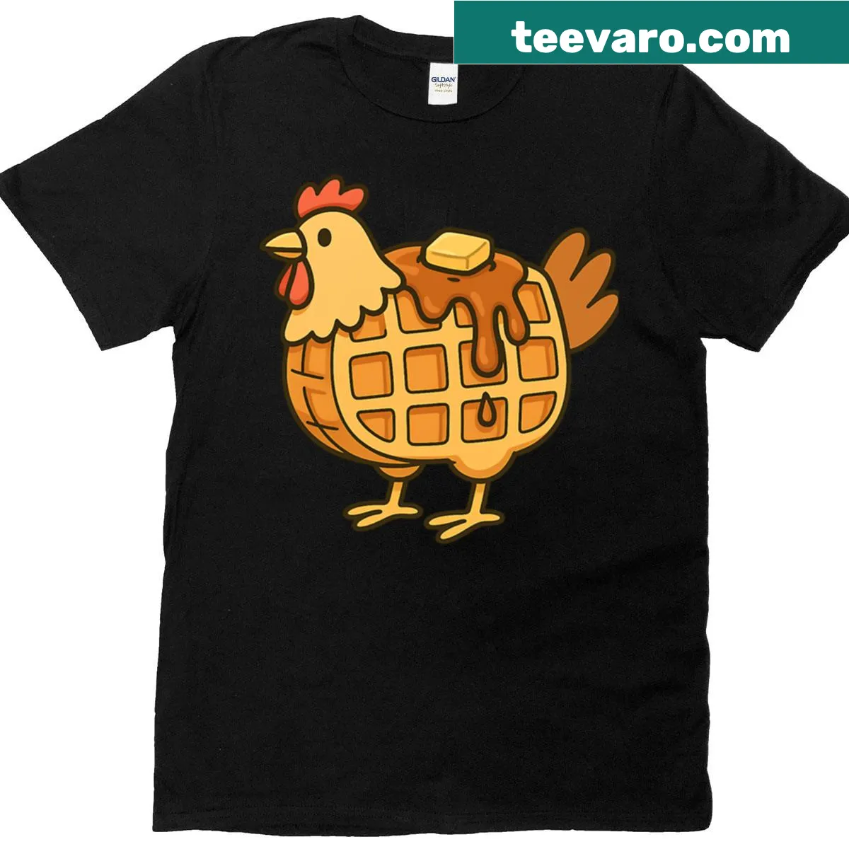 Cartoon t-shirt featuring chicken and waffles, food theme. — on a men's t-shirt