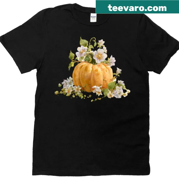 Watercolor pumpkin graphic on a stylish t-shirt.