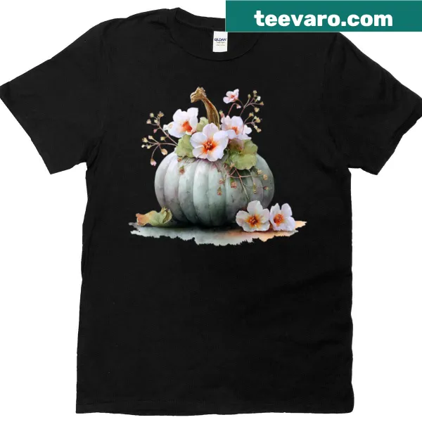 Watercolor-style teal pumpkin graphic T-shirt with an artistic design