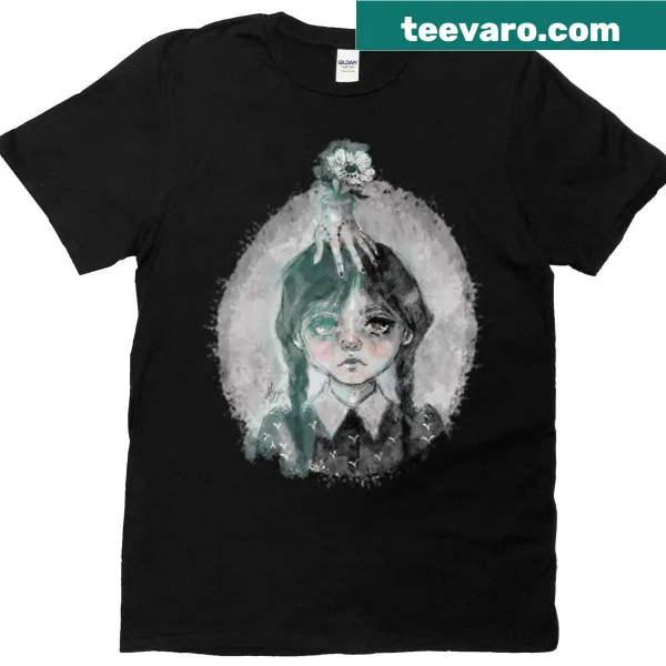 Wednesday Addams T-shirt with cartoon Thing and flower design.