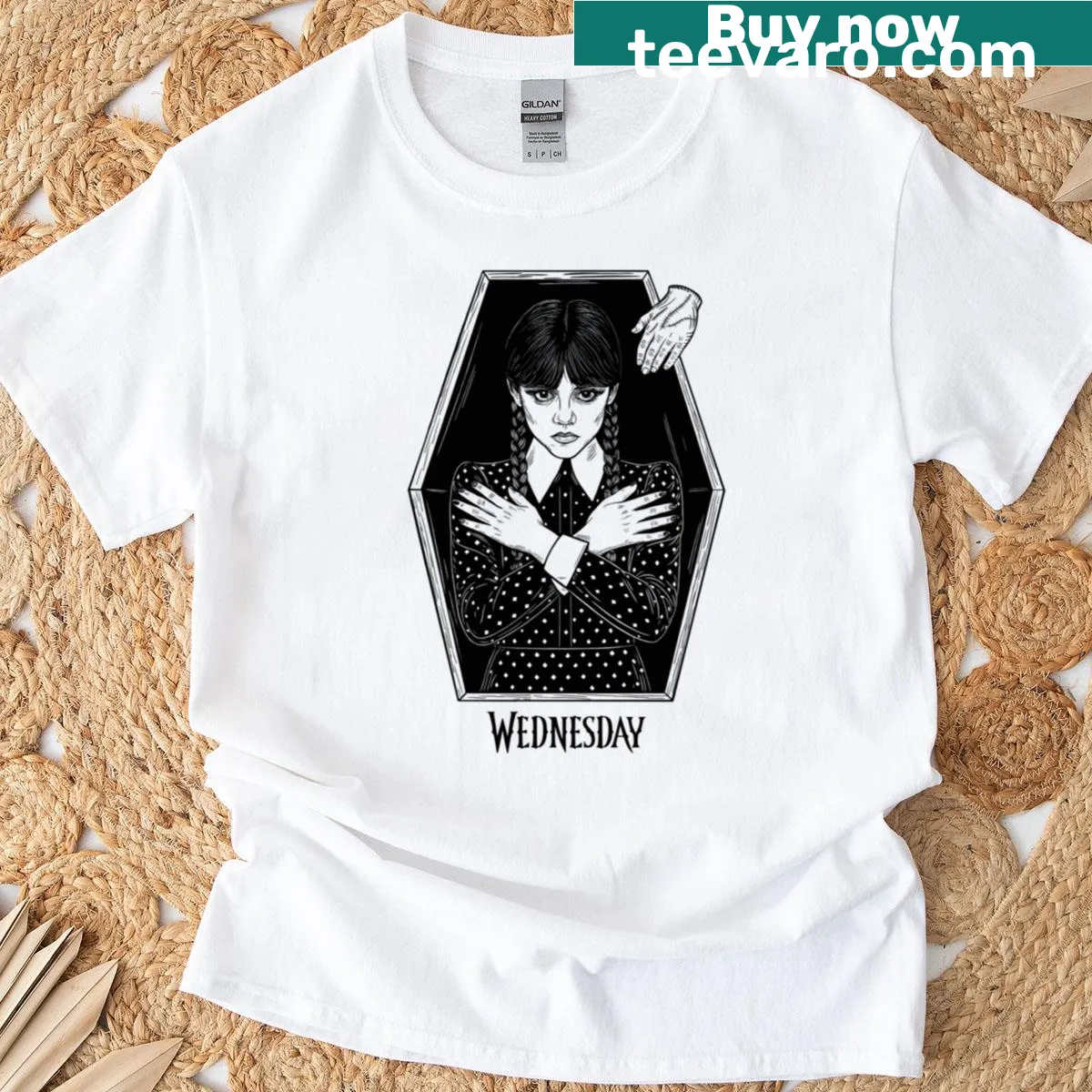 Wednesday Addams vintage illustration t-shirt with minimalist text — on a men's t-shirt