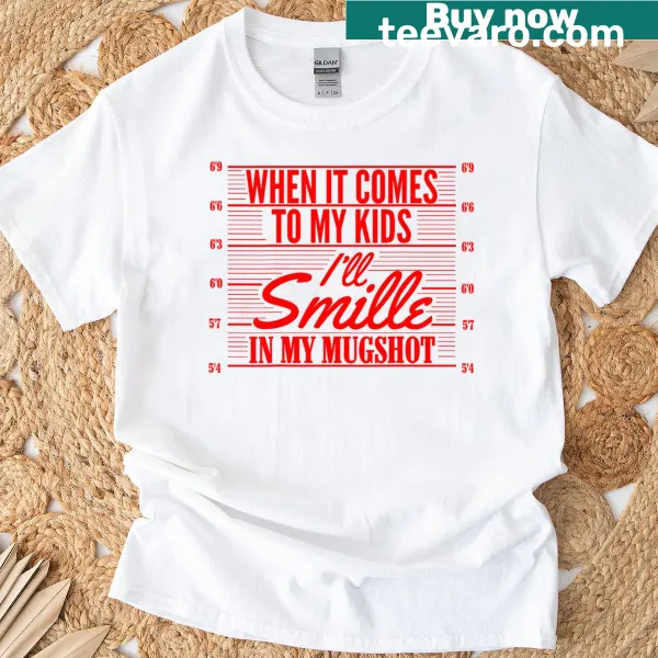 Wholesome mugshot-themed tee for moms about kids