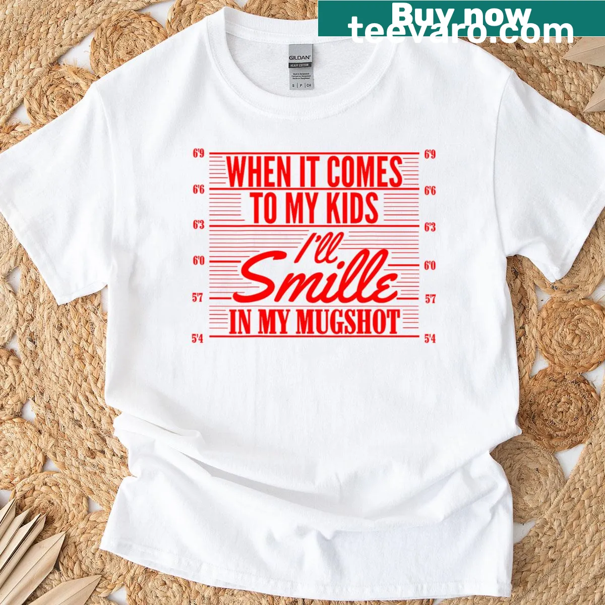 Wholesome mugshot-themed tee for moms about kids — on a men's t-shirt
