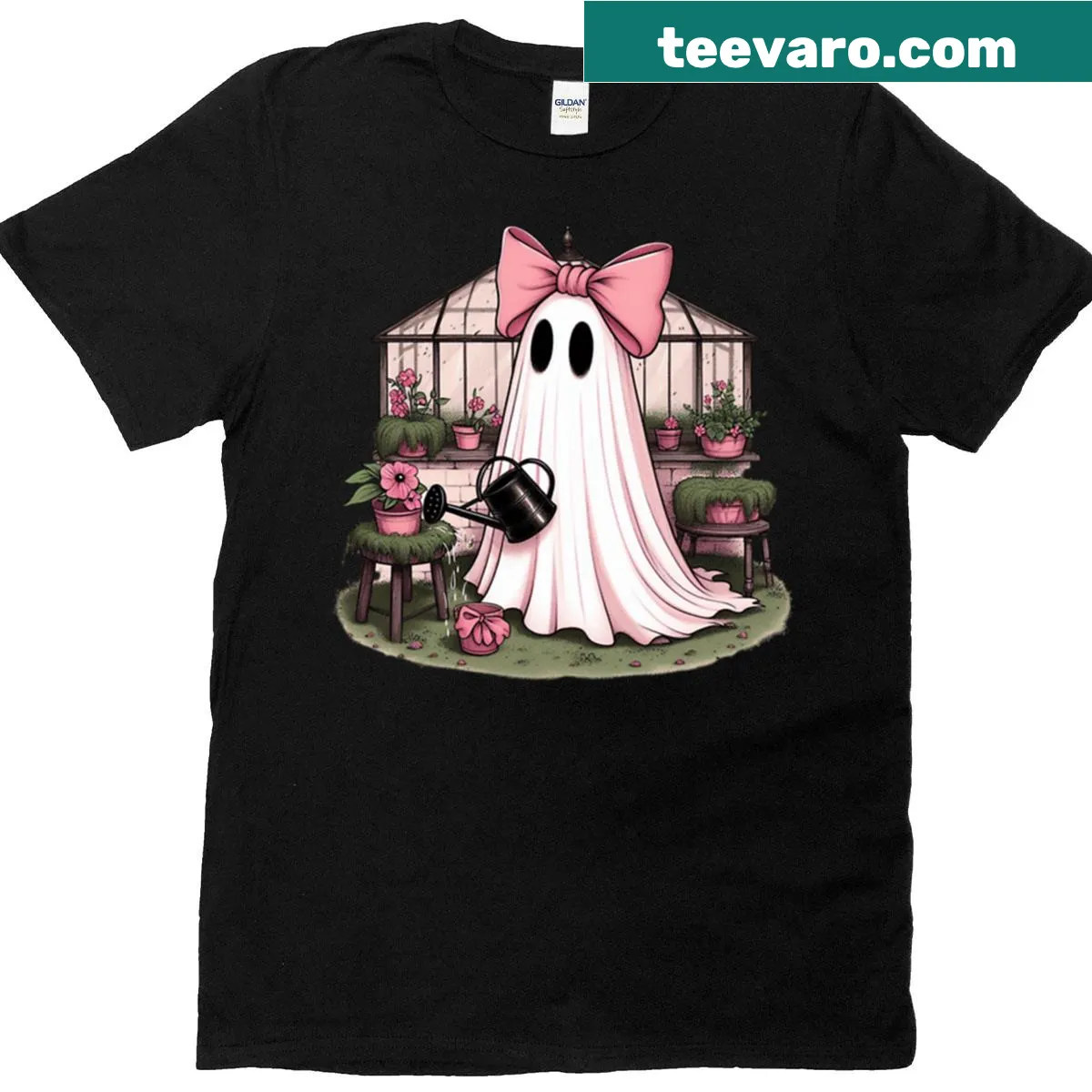 Hand-drawn ghost watering pink blooms in a greenhouse — on a men's t-shirt