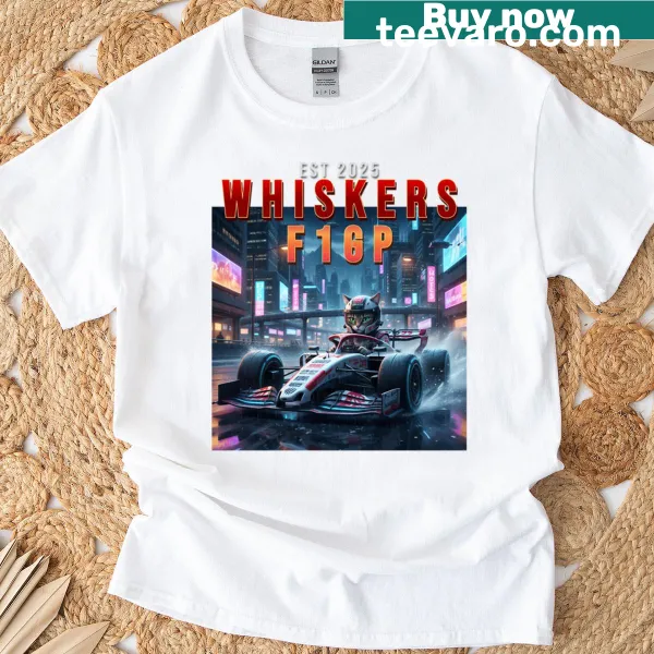 Playful T-shirt with racing and cat theme graphics