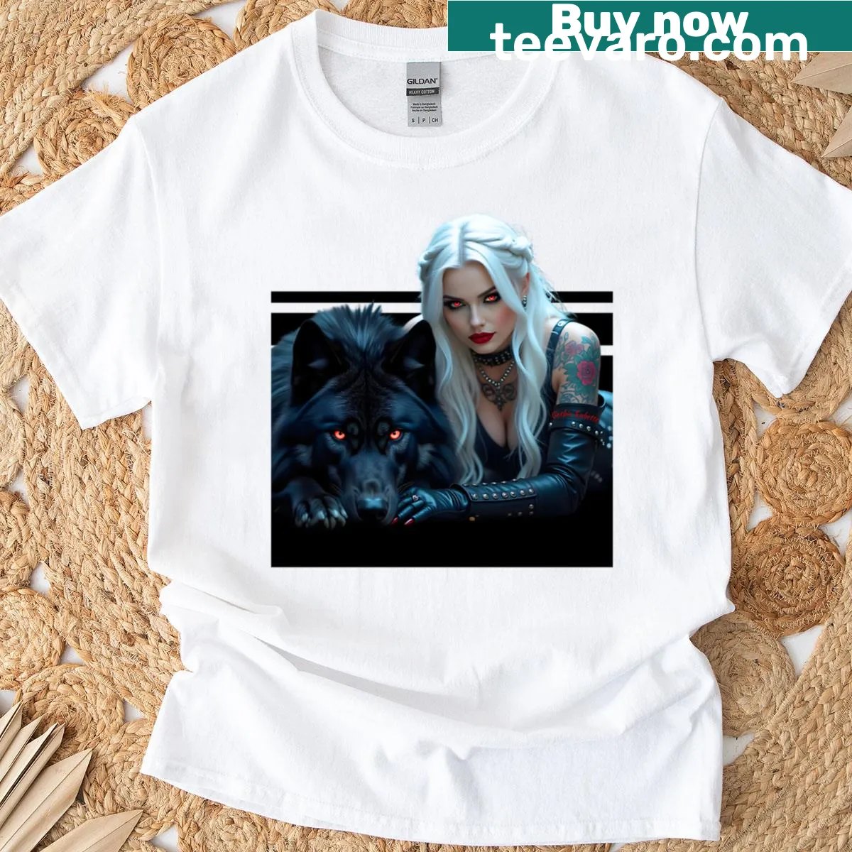 Gothic girl with white hair and a wolf illustration t-shirt — on a men's t-shirt