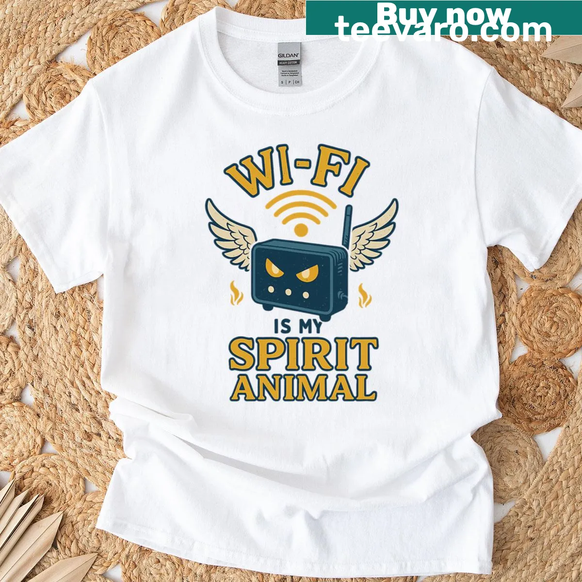 Funny t-shirt with 'Wifi Spirit Animal' cartoon design — on a men's t-shirt