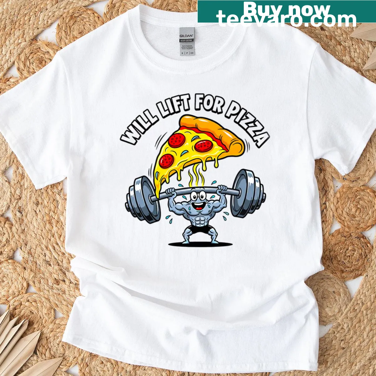 Funny cartoon gym t-shirt with pizza lifting theme — on a men's t-shirt