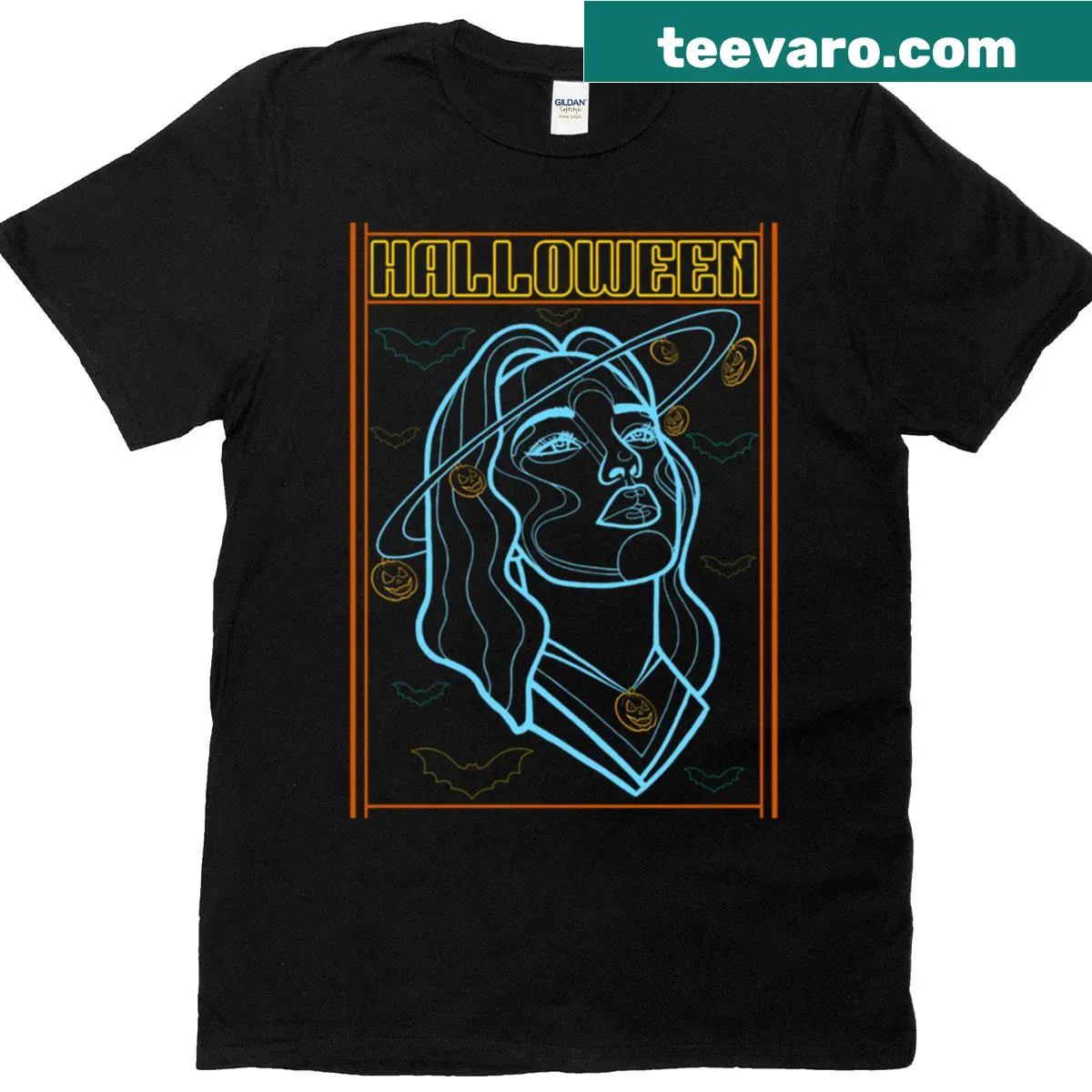 Witch portrait with pumpkins and bats Halloween T-shirt — on a men's t-shirt