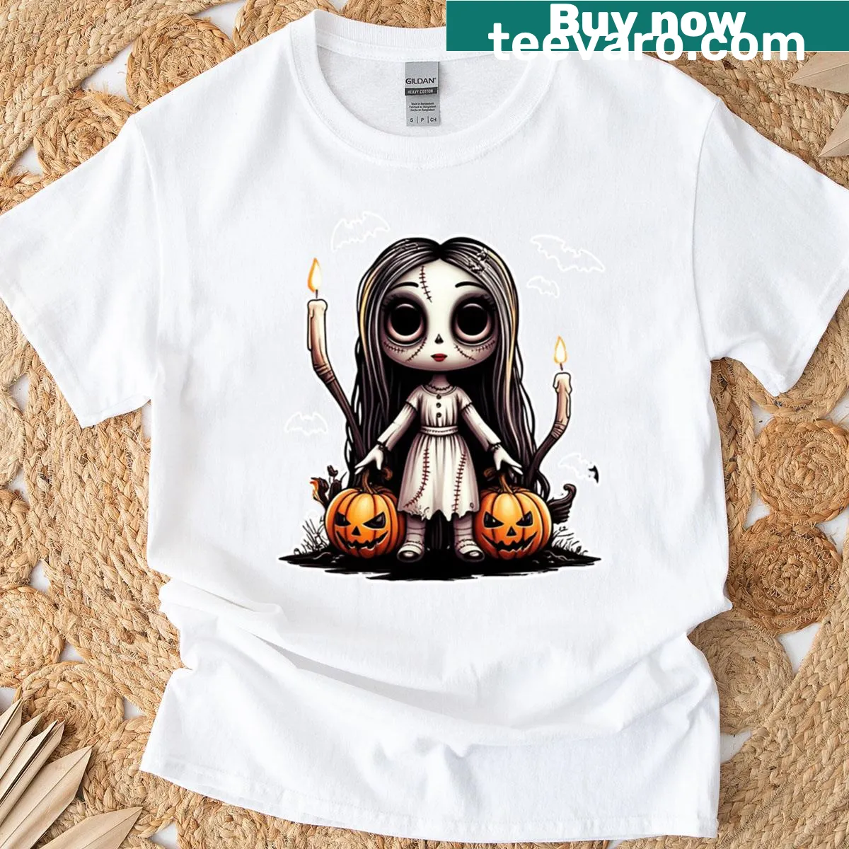 Gothic pumpkin girl Halloween artwork — on a men's t-shirt