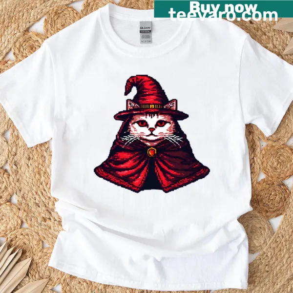 Pixel art of a wizard cat on a t-shirt