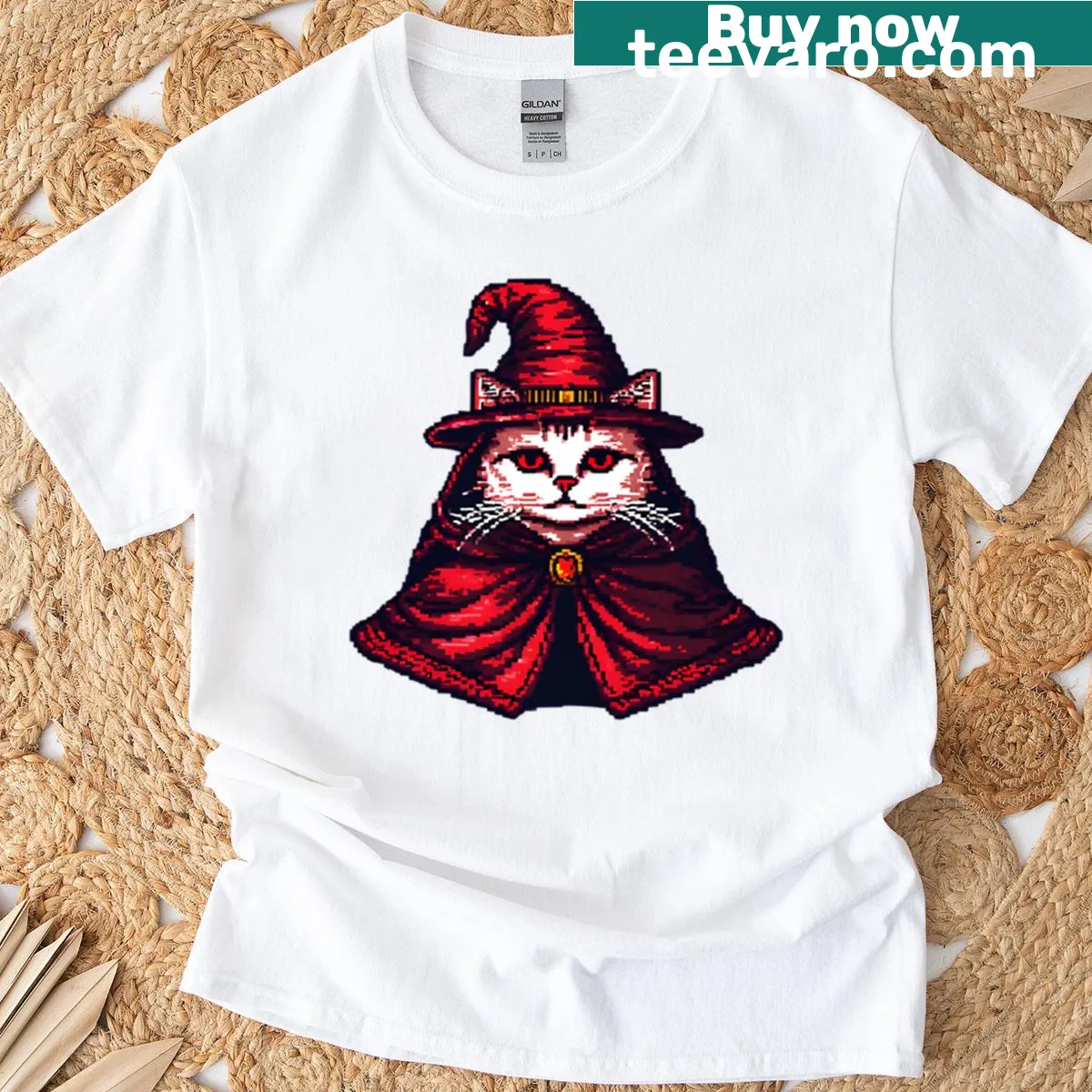 Pixel art of a wizard cat on a t-shirt — on a men's t-shirt