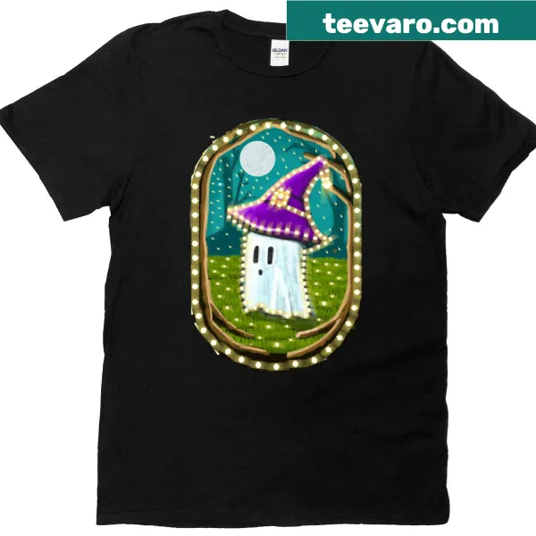 Oversized Halloween t-shirt featuring a whimsical ghost wizard