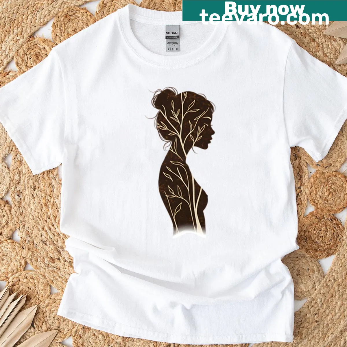 Minimalist silhouette T-shirt featuring a woman with branches design — on a men's t-shirt
