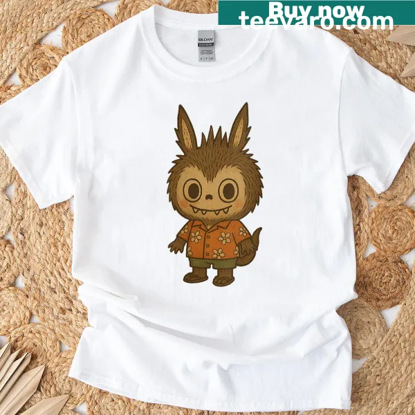 Cute summer Bubu creature illustration on women's t-shirt